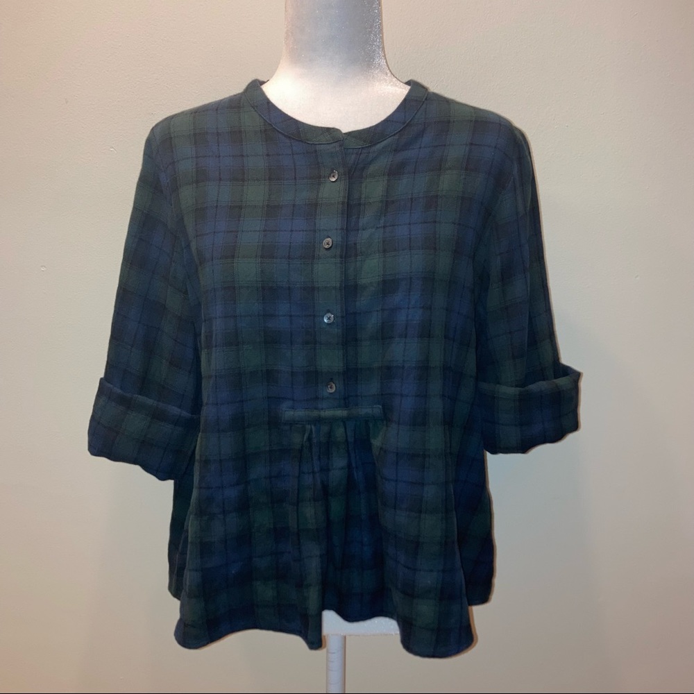 Madewell Top Flannel Plaid Oversized Boxy Cut Button-up Dark Green Blue Large